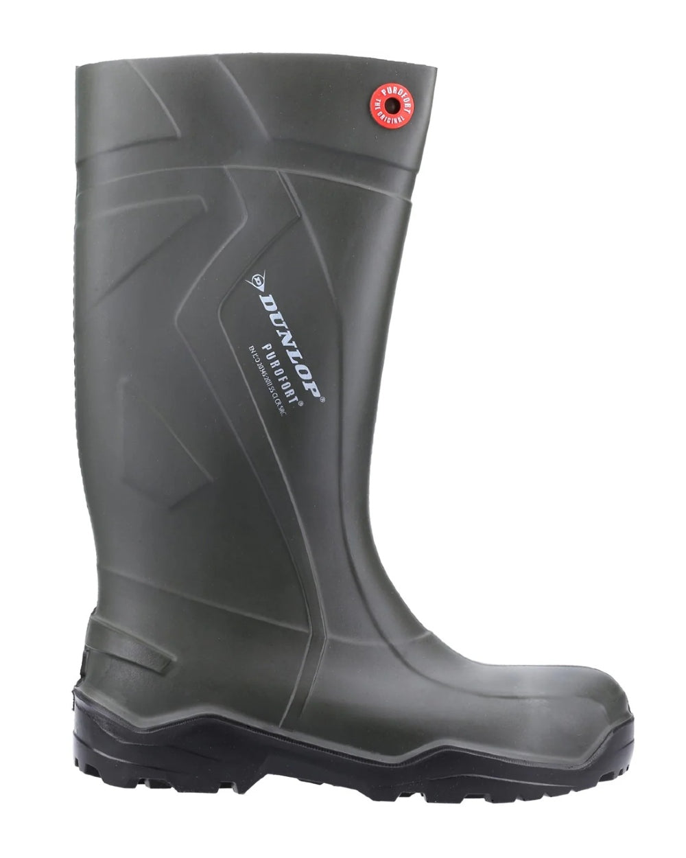 Green coloured Dunlop Purofort+ Full Safety Wellington on white background