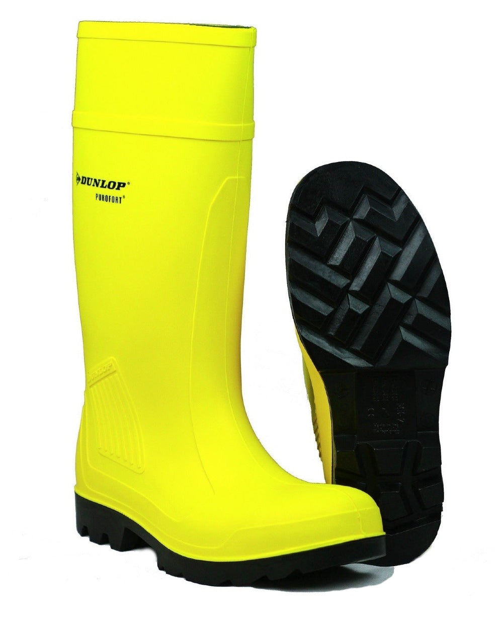 Yellow coloured Dunlop Purofort Professional Full Safety Wellingtons on white background