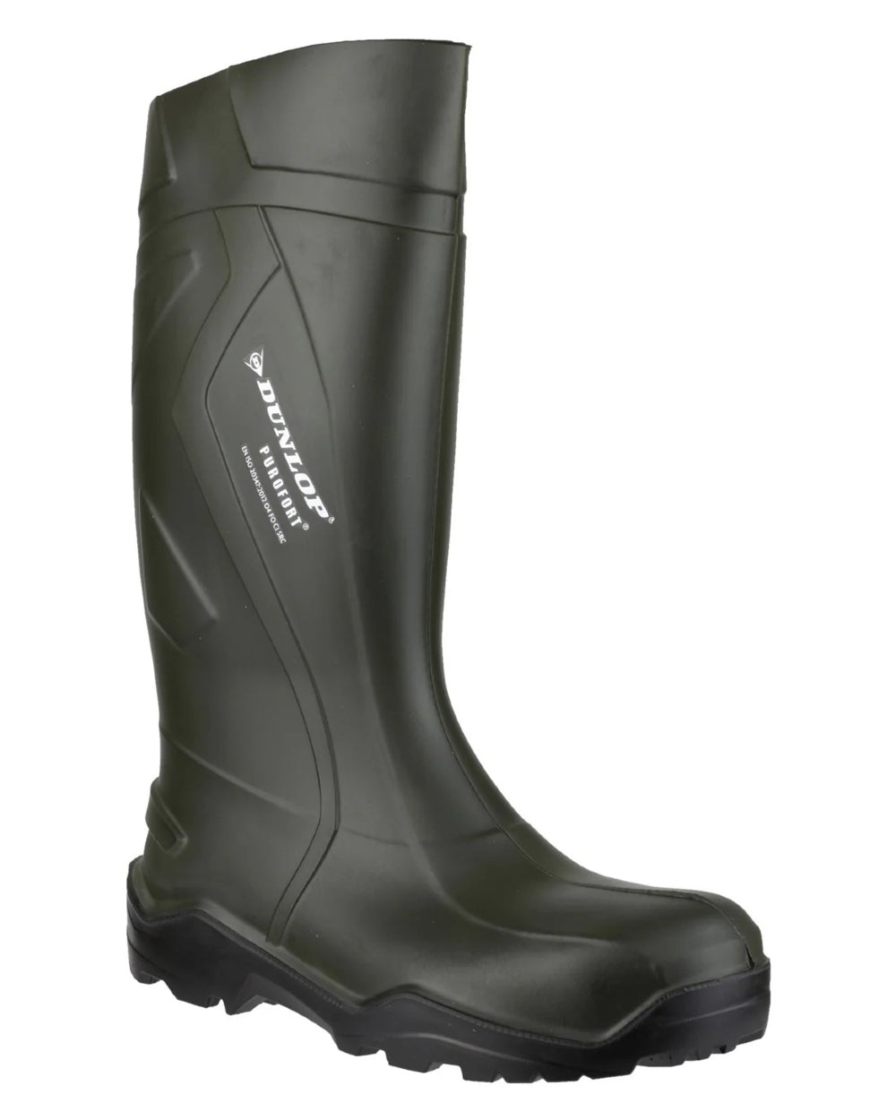 Green coloured Dunlop Purofort+ Wellingtons on white background