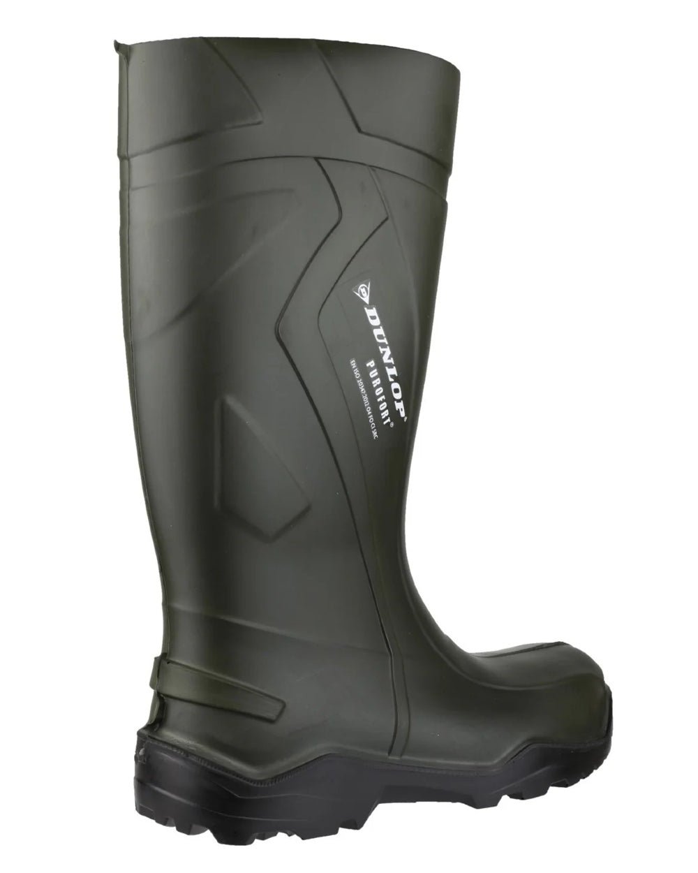 Green coloured Dunlop Purofort+ Wellingtons on white background