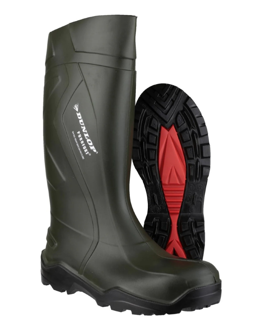 Green coloured Dunlop Purofort+ Wellingtons on white background