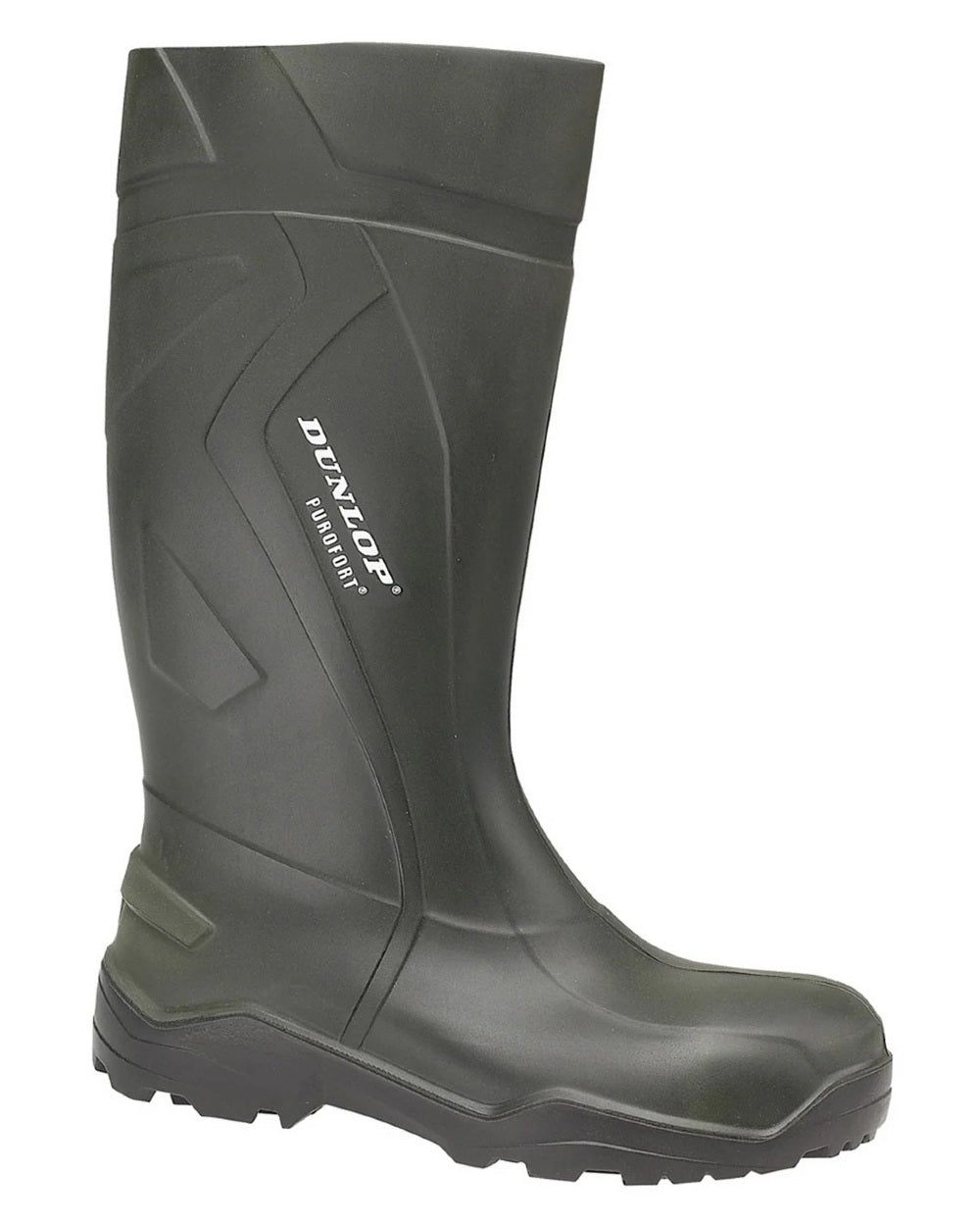 Green coloured Dunlop Purofort+ Wellingtons on white background