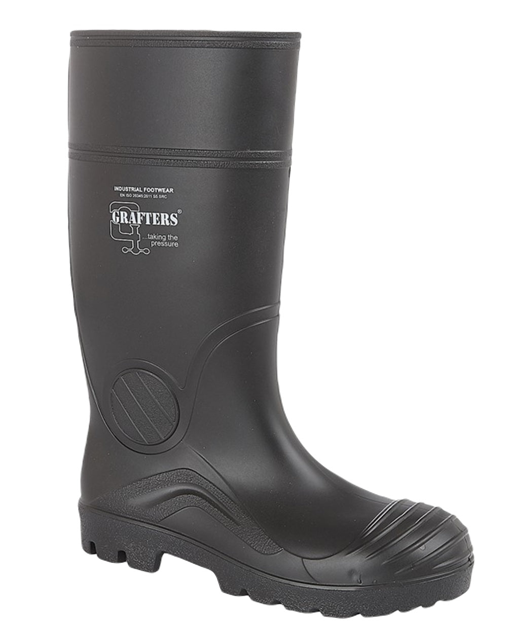 Black Coloured Grafters Full Length Safety Wellington Boots on White Background