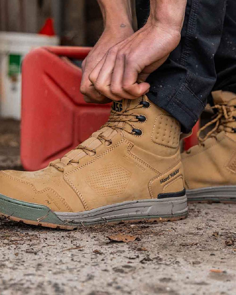 Wheat Coloured Hard Yakka  Mens 3056 Lace Zip Safety Boots on Indoor Background