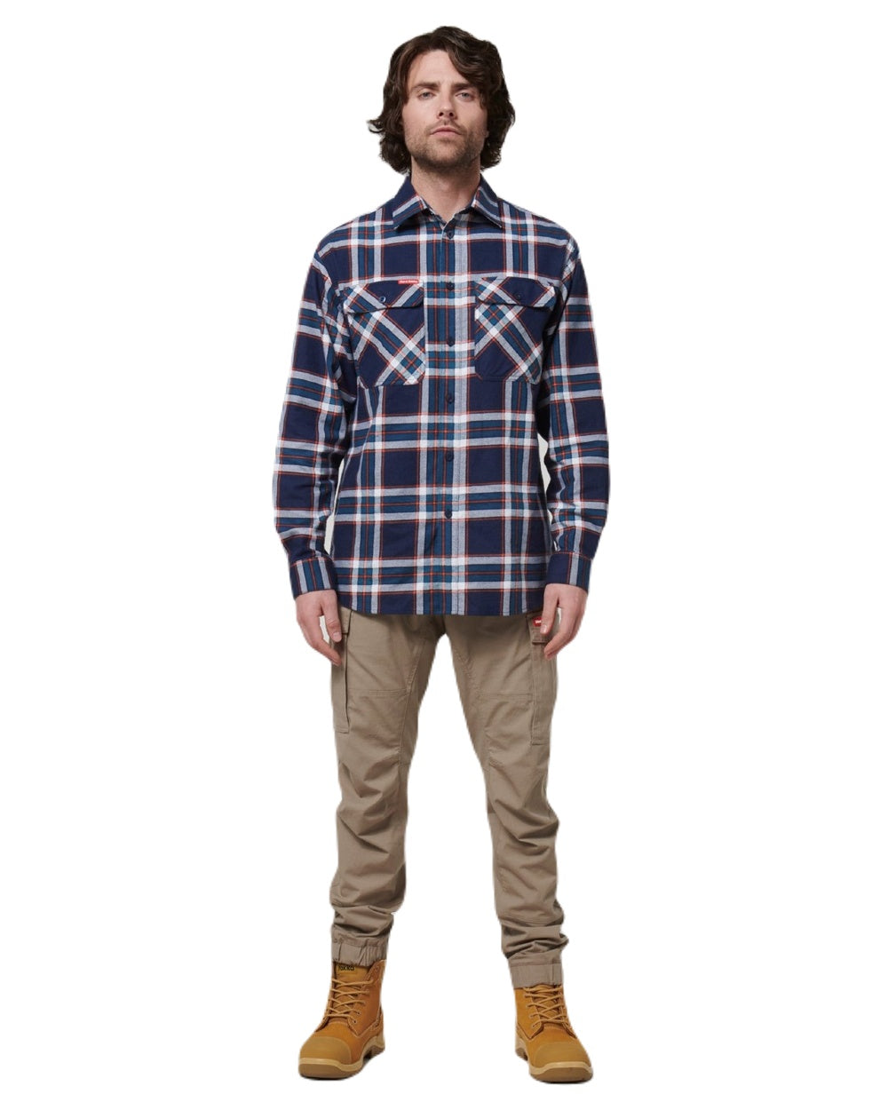 Navy Coloured Hard Yakka Mens Lightweight Check Flannel Shirt on White Background