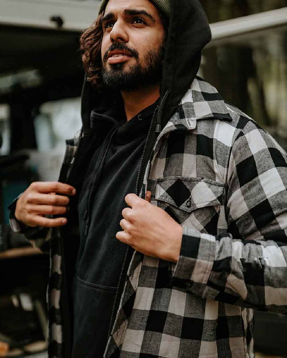 Grey Coloured Hard Yakka Mens Quilted Flannel Shacket on Outdoor Background