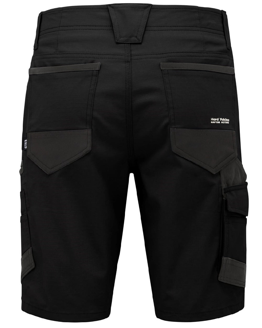 Black Coloured Hard Yakka Raptor Active Cargo Shorts on White Background