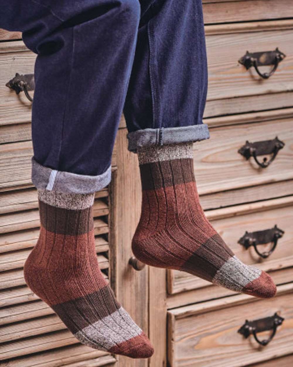 Coffee Coloured HJ Hall Acacia Chunky Cotton Socks On A Wardrobe Background