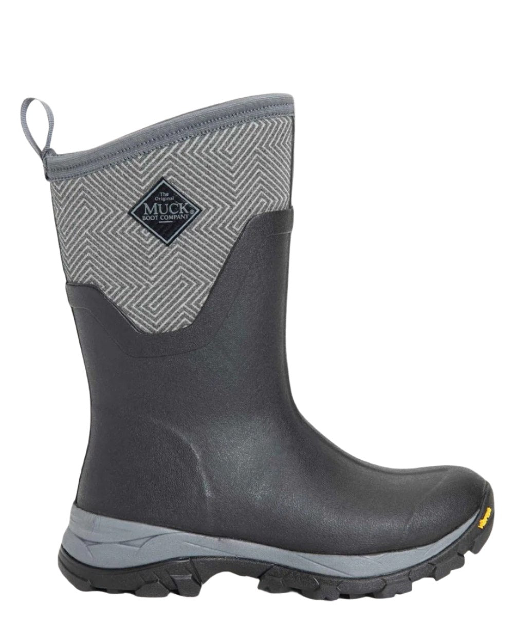 Grey Geometric Print Coloured Muck Boots Arctic Ice Mid Wellingtons On A White Background