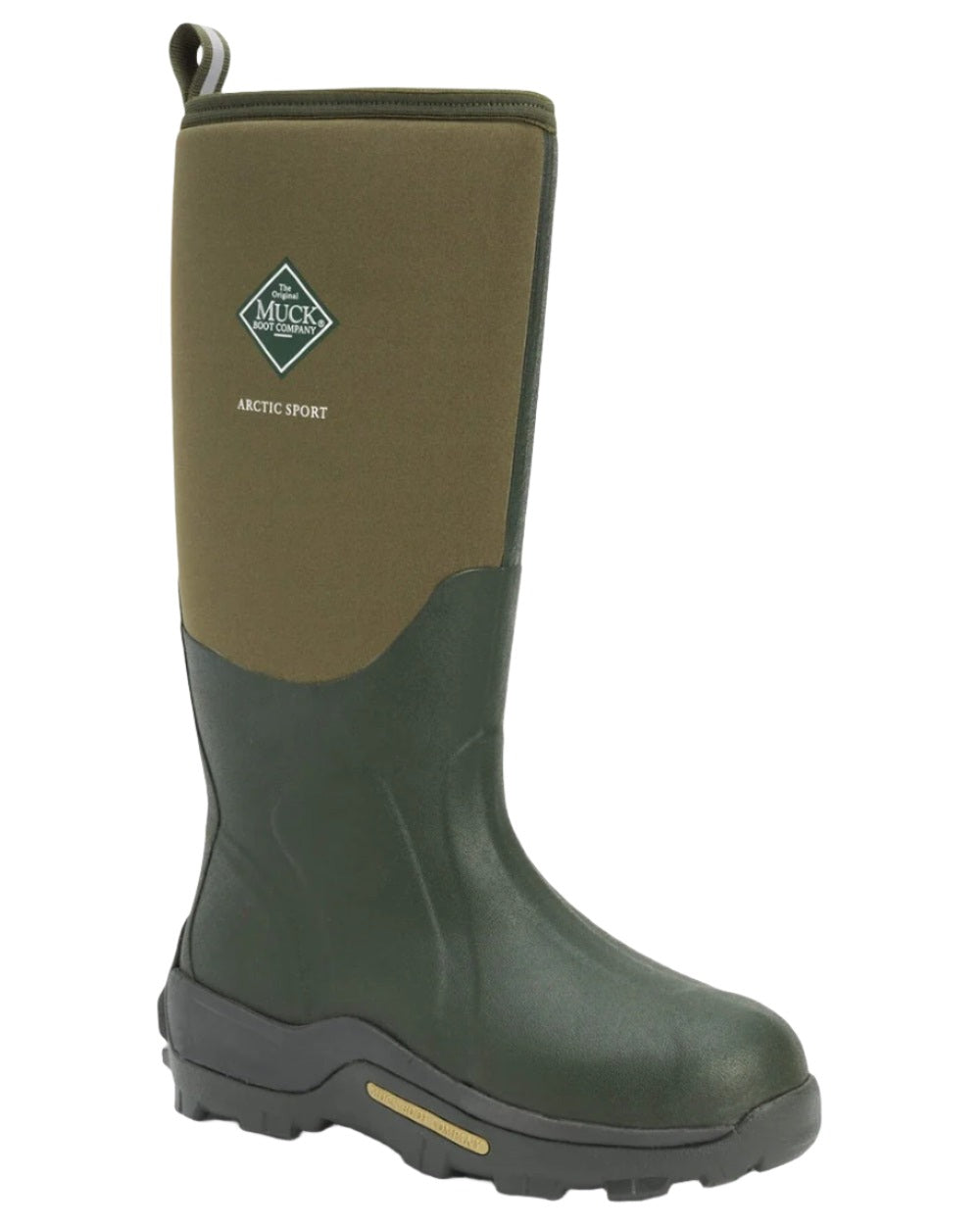 Moss Coloured Muck Boots Arctic Sport Tall Wellingtons On A White Background