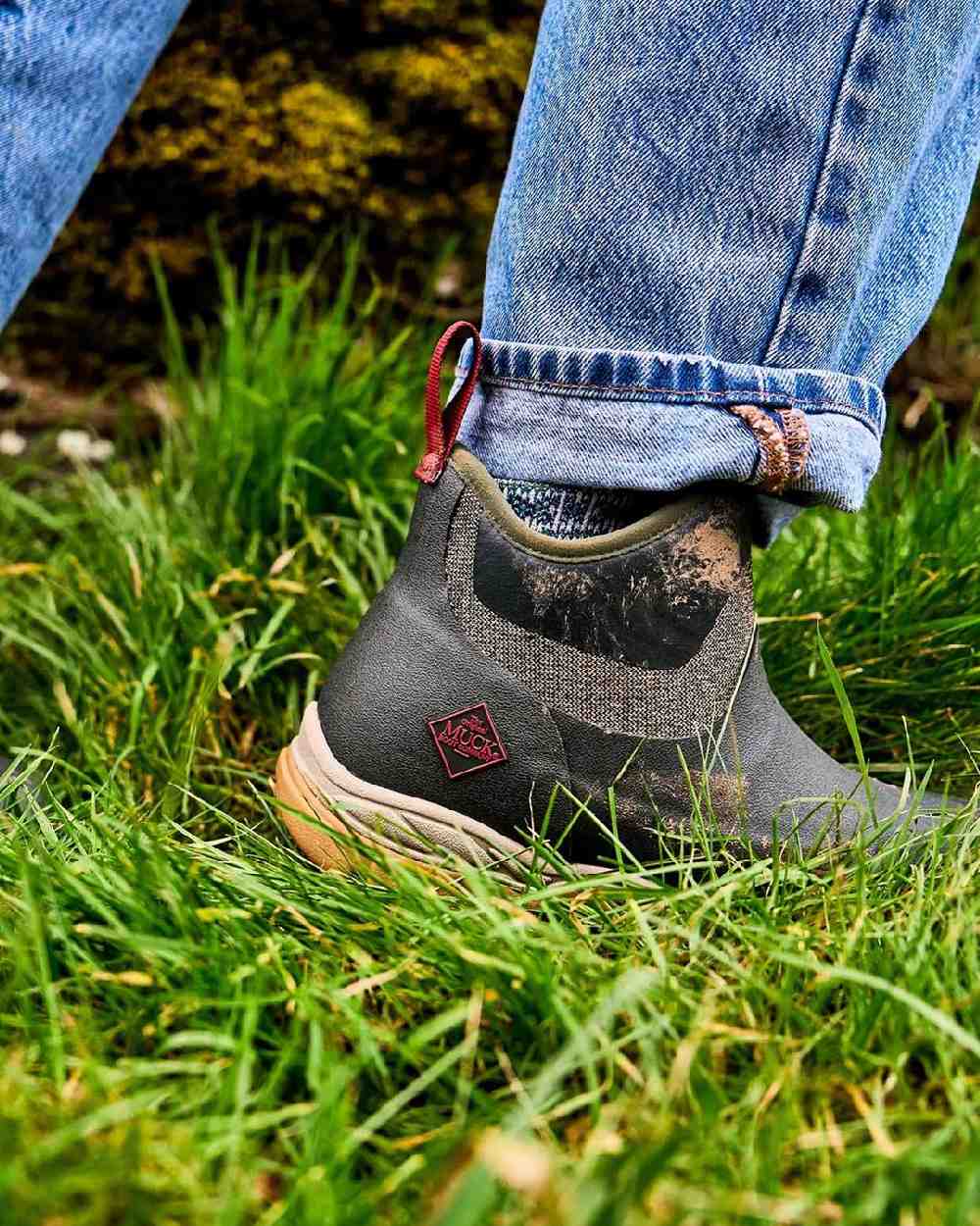 Olive Herringbone Print Coloured Muck Boots Womens Arctic Sport II Ankle Boots on outdoor Background