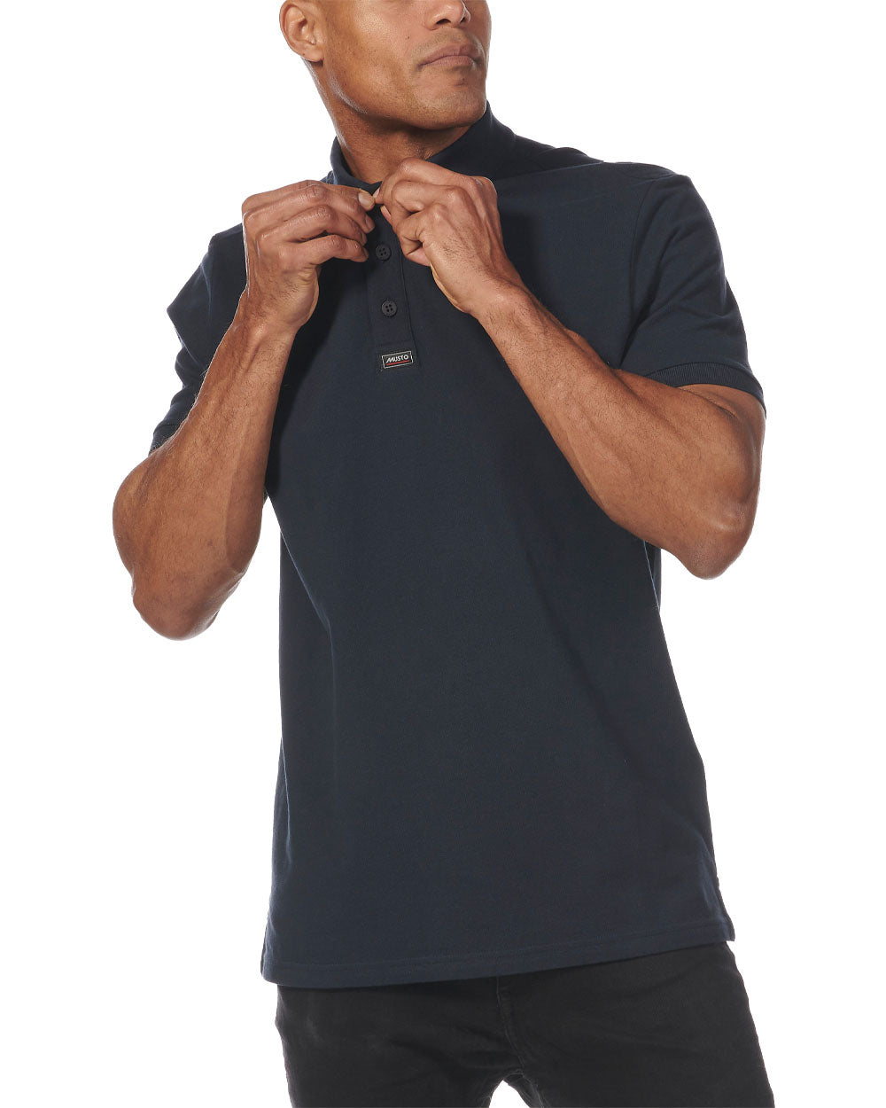 Navy coloured Musto Essential Pique Polo Shirt on White background