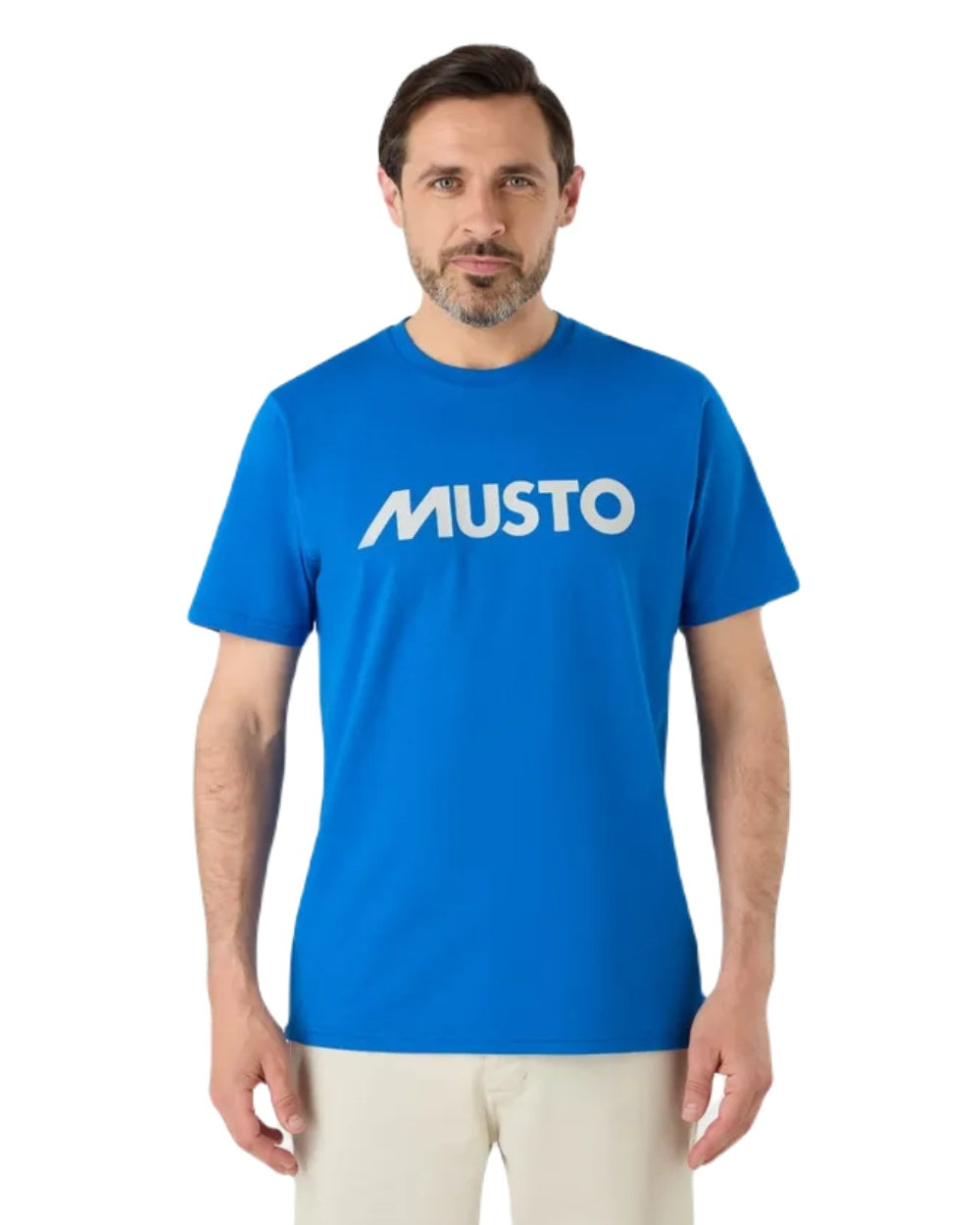 Aruba Blue Coloured Musto Logo Tee On A White Background