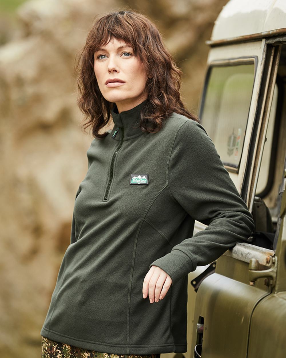 Deep Forest Coloured Ridgeline Womens Narvik Fleece On A Forest Background