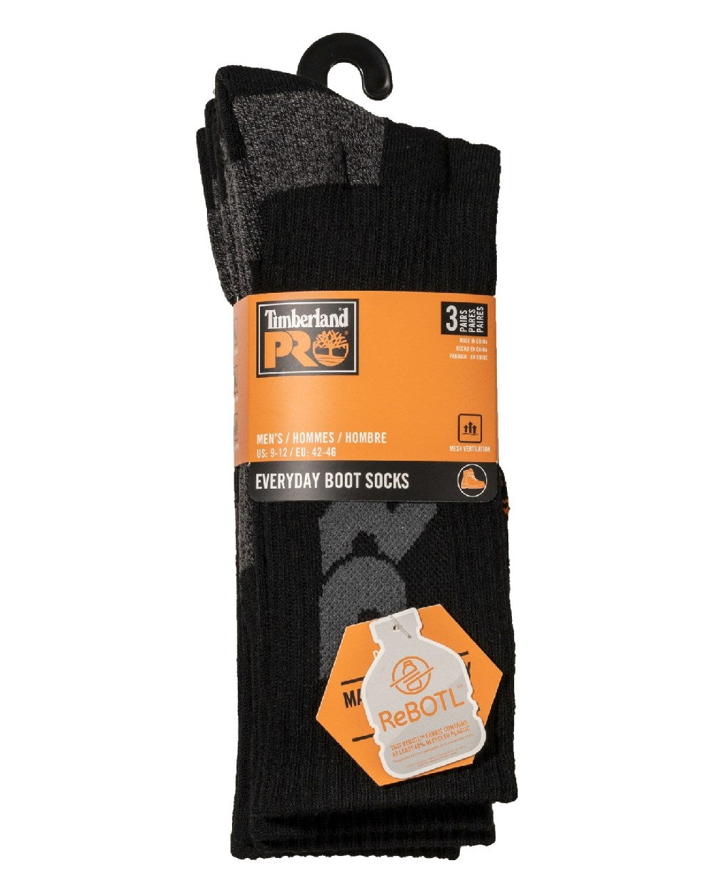 Black coloured Timberland Pro Big Logo Half Cushion Crew Sock 3 Packs on white background