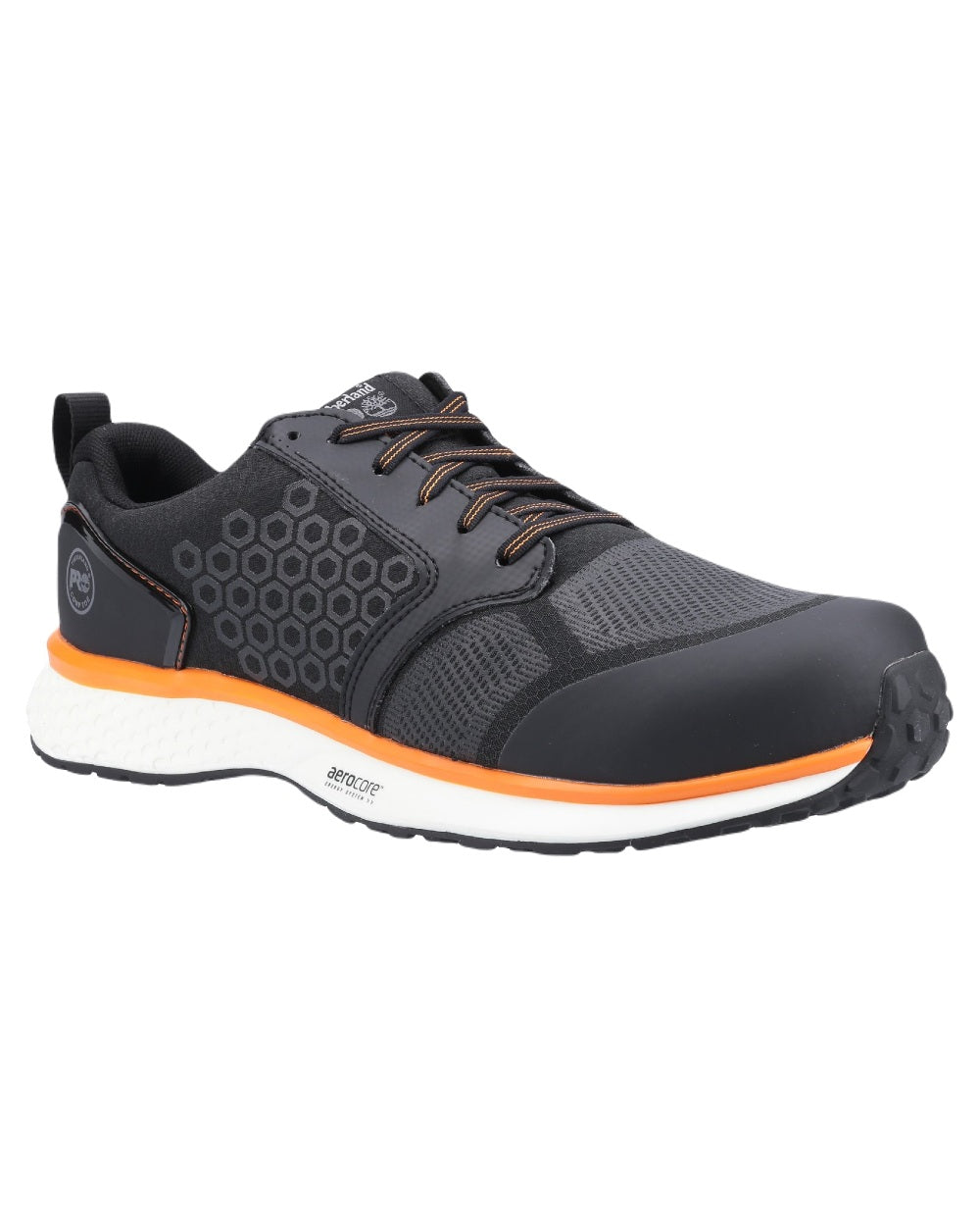 Black Orange Coloured Timberland Pro Mens Reaxion Composite Safety Trainers 2.0 on White Background