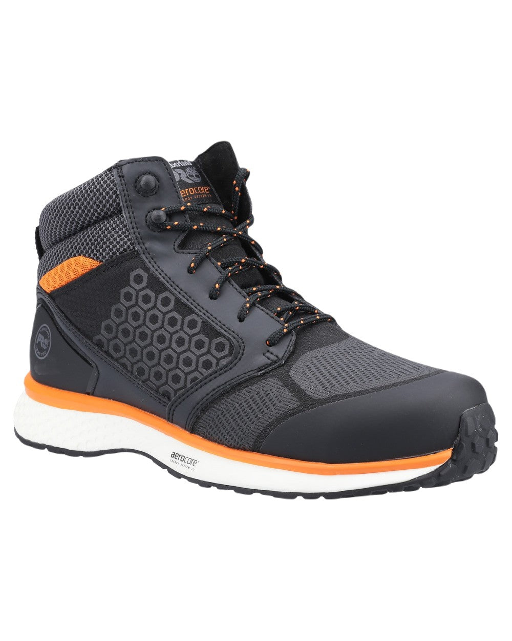 Black Orange Coloured Timberland Pro Mens Reaxion Mid Composite Safety Boots 2.0 on White Background