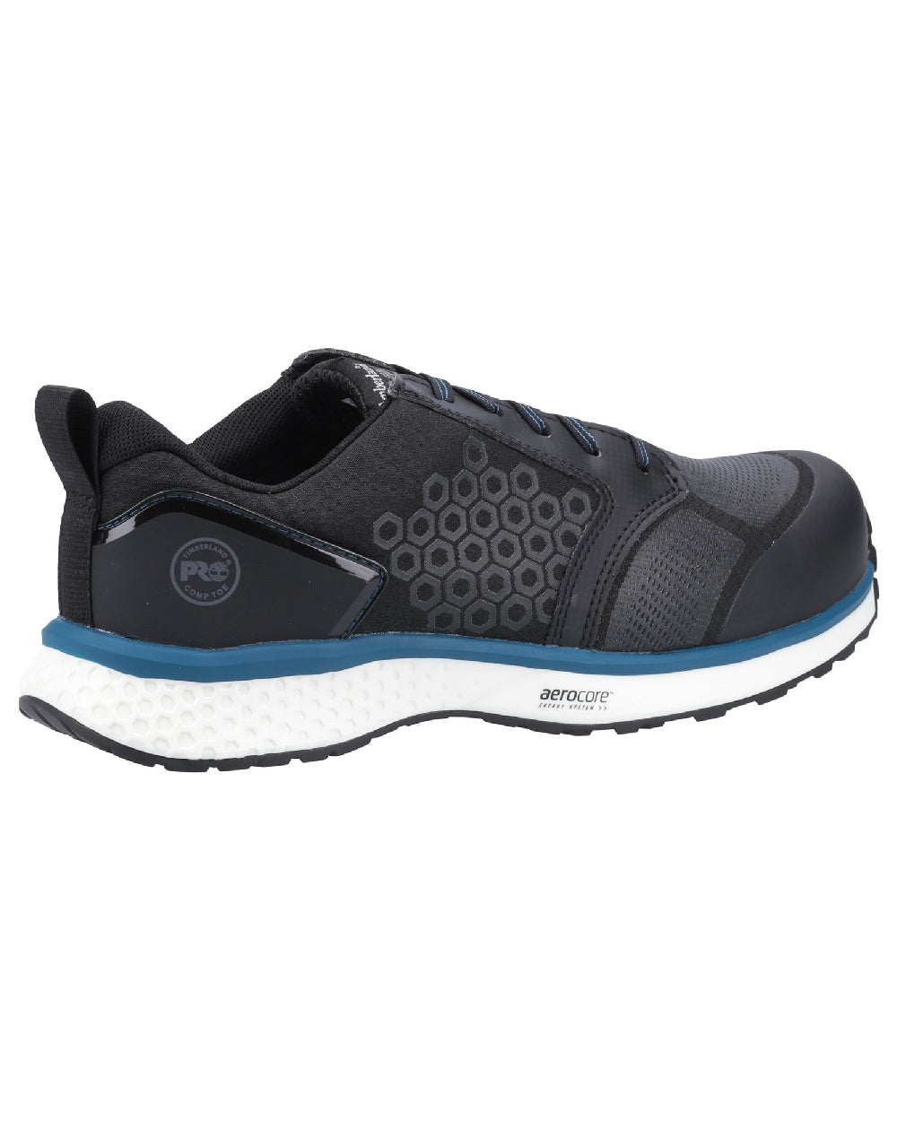Black/Blue coloured Timberland Pro Reaxion Composite Safety Trainers on white background