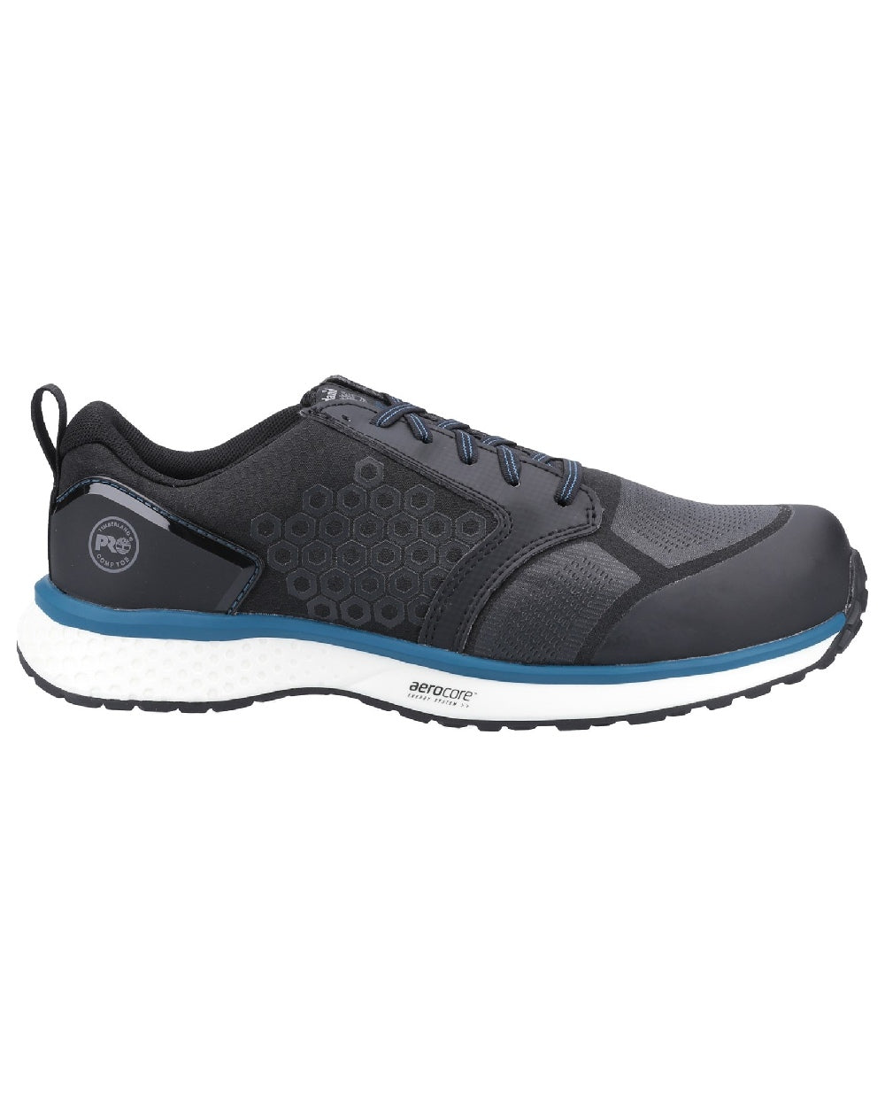 Black/Blue coloured Timberland Pro Reaxion Composite Safety Trainers on white background