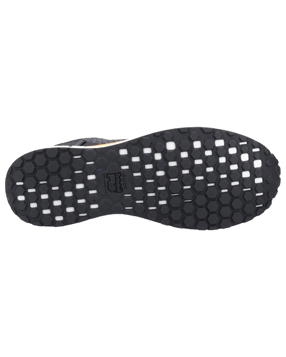 Black/Orange coloured Timberland Pro Reaxion Composite Safety Trainers on white background