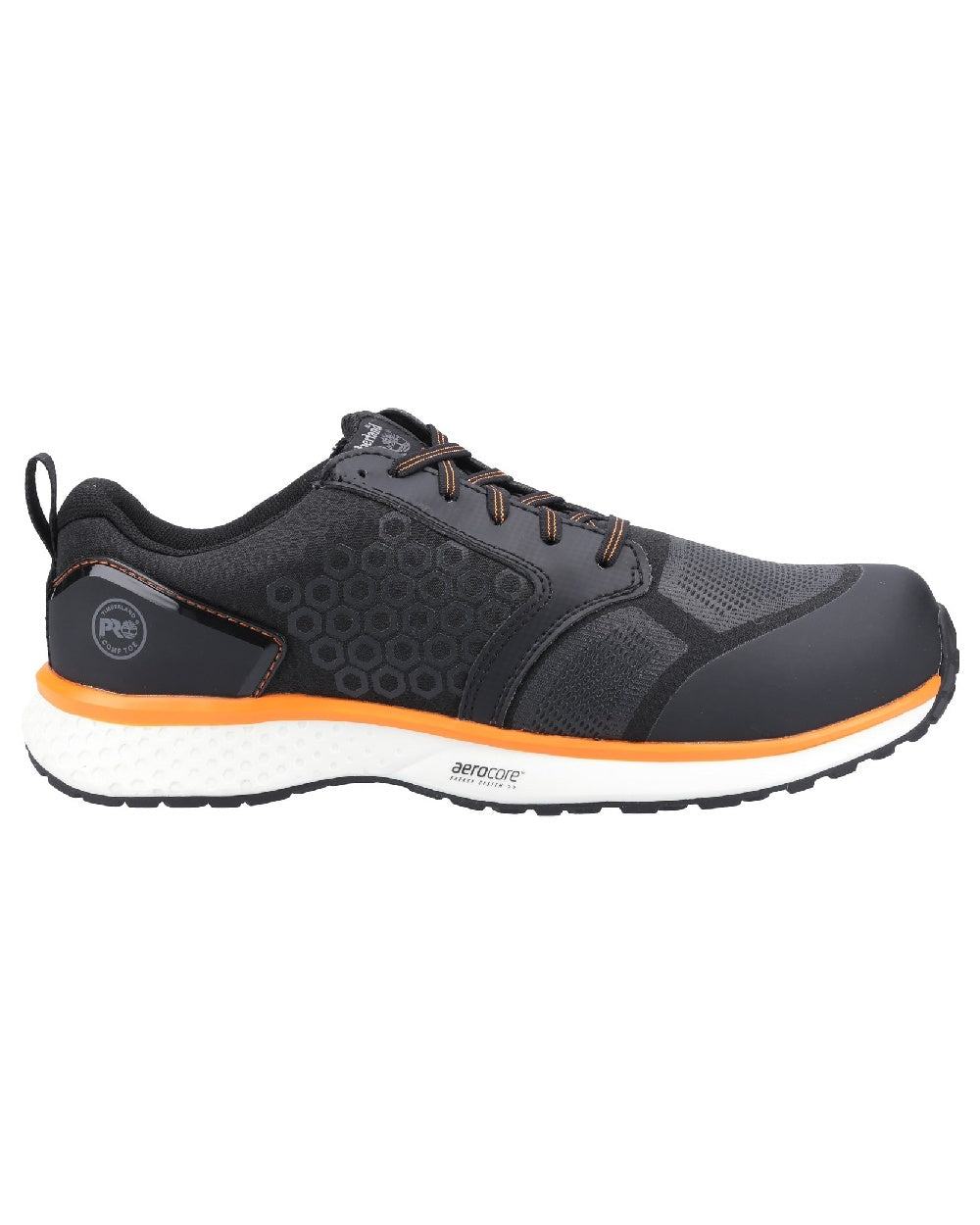 Black/Orange coloured Timberland Pro Reaxion Composite Safety Trainers on white background