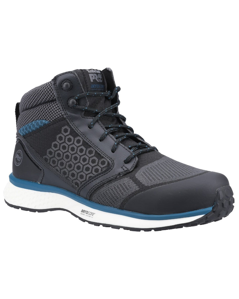 Black/Blue coloured Timberland Pro Reaxion Mid Composite Safety Boots on white background