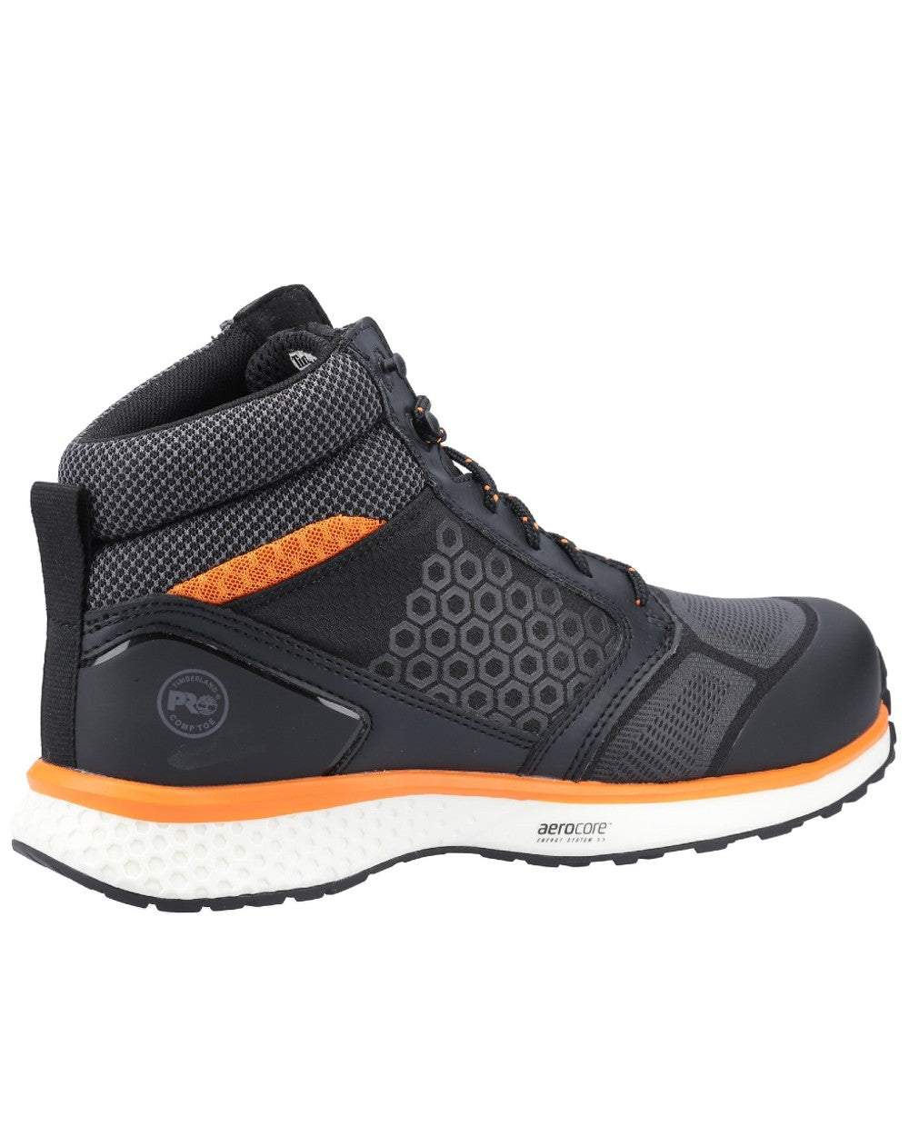 Black/Orange coloured Timberland Pro Reaxion Mid Composite Safety Boots on white background