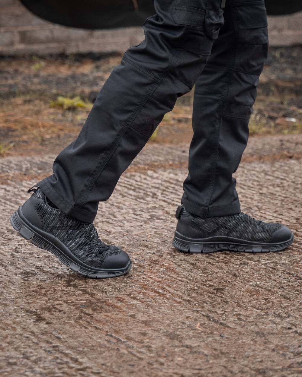 Black Grey Coloured Xpert Mens Charge S3L Safety Trainers on Outdoor Background