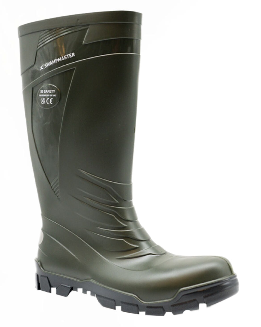 Green Coloured Xpert Mens Swampmaster Titan S5 Safety PVC Wellingtons on White Background
