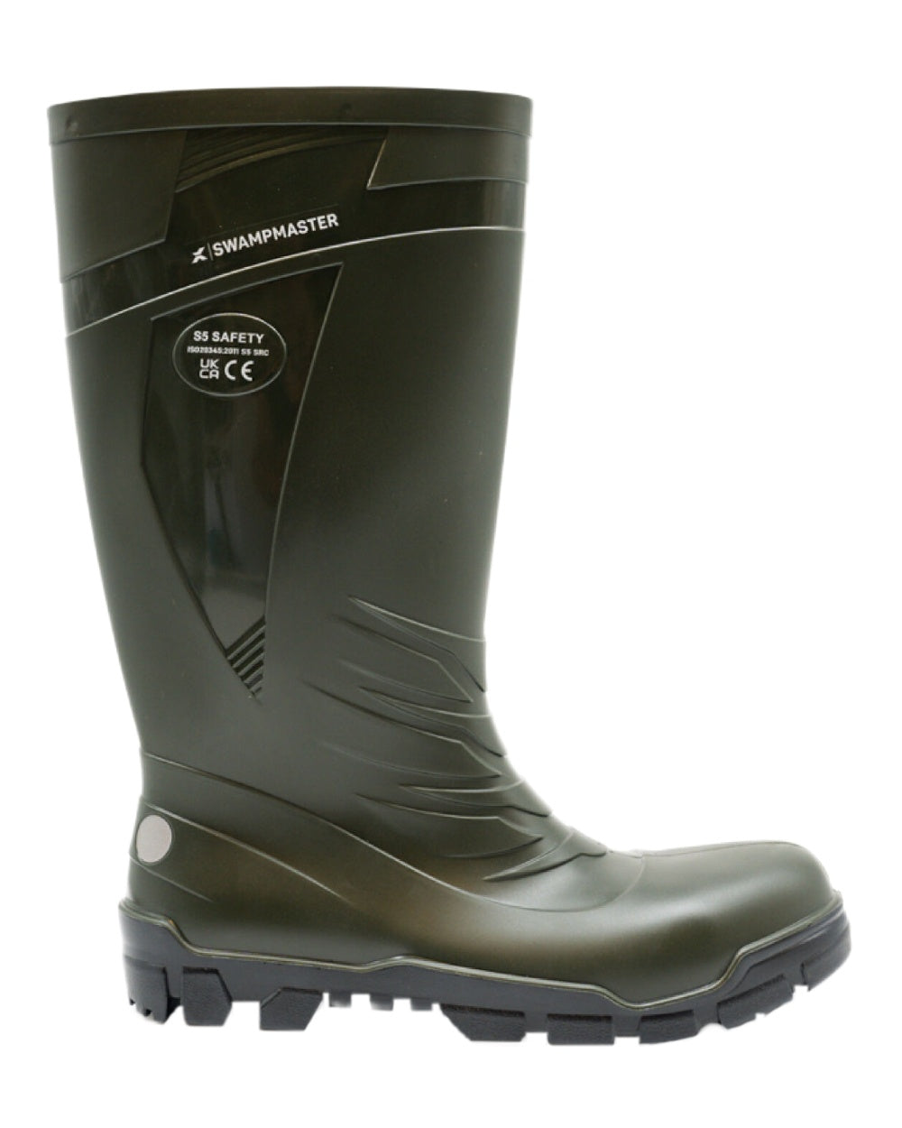 Green Coloured Xpert Mens Swampmaster Titan S5 Safety PVC Wellingtons on White Background