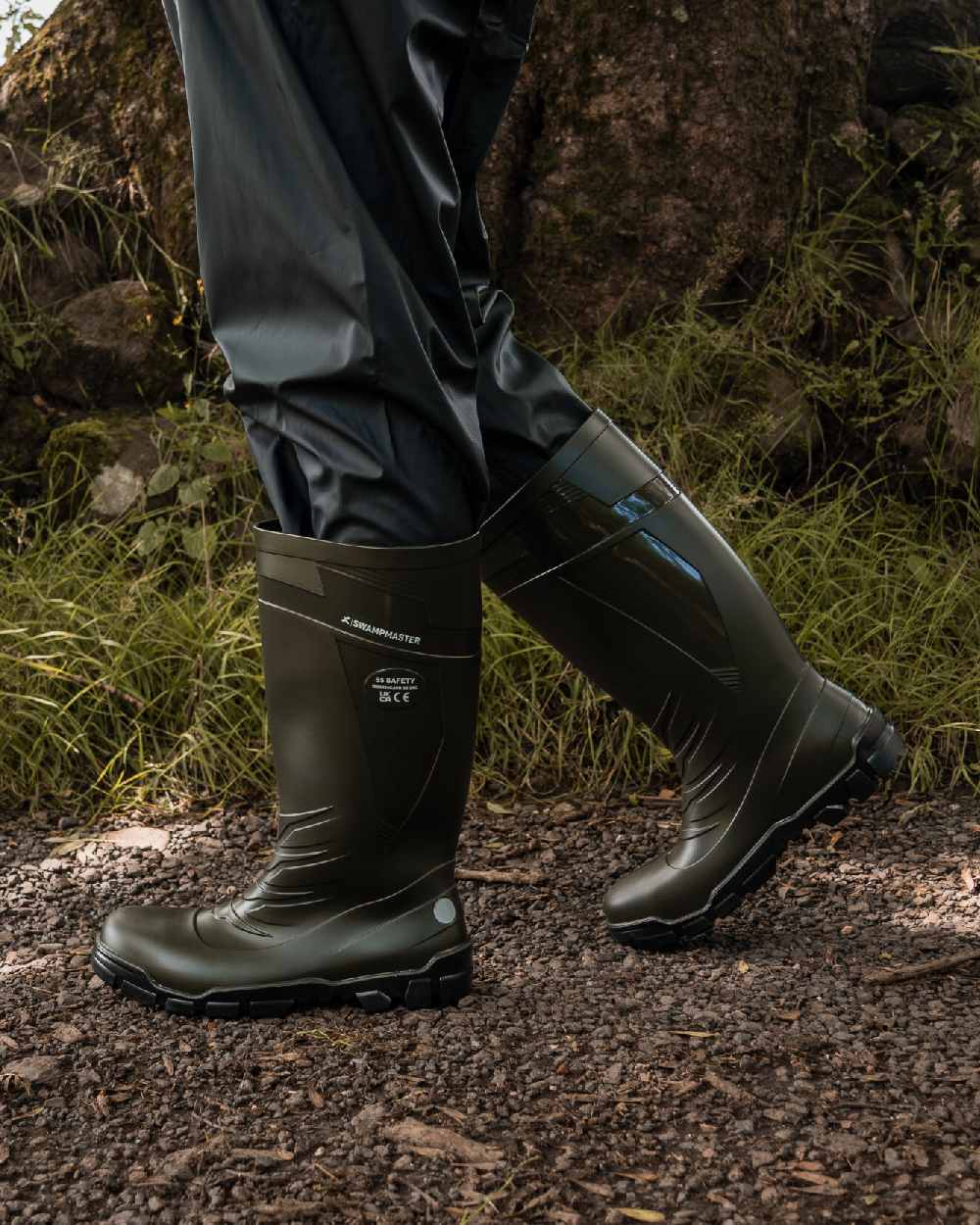 Green Coloured Xpert Mens Swampmaster Titan S5 Safety PVC Wellingtons on Outdoor Background