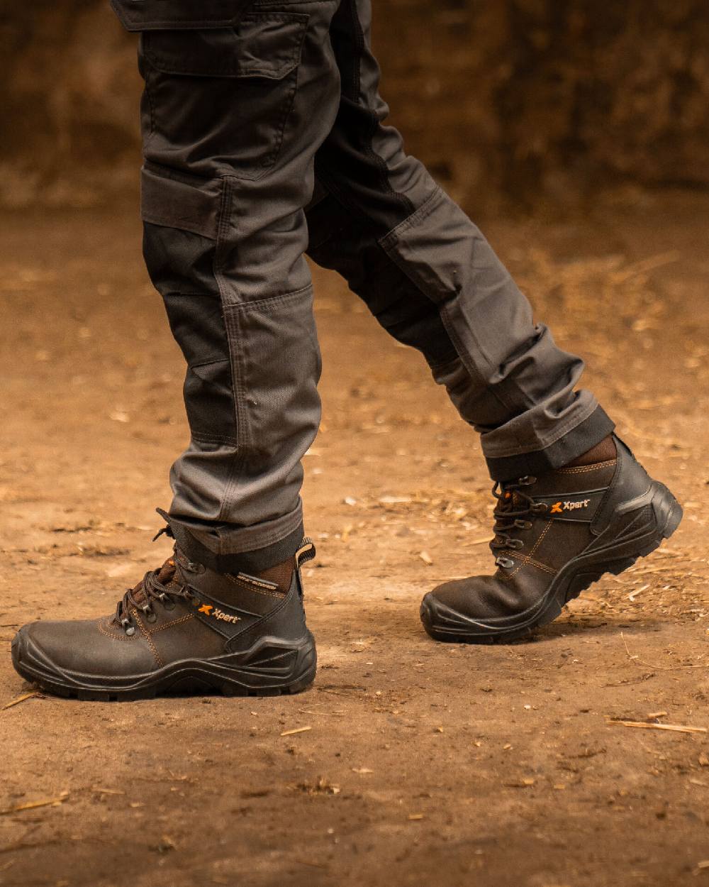 Brown Coloured Xpert Mens Typhoon Waterproof Safety Boots on Outdoor Background