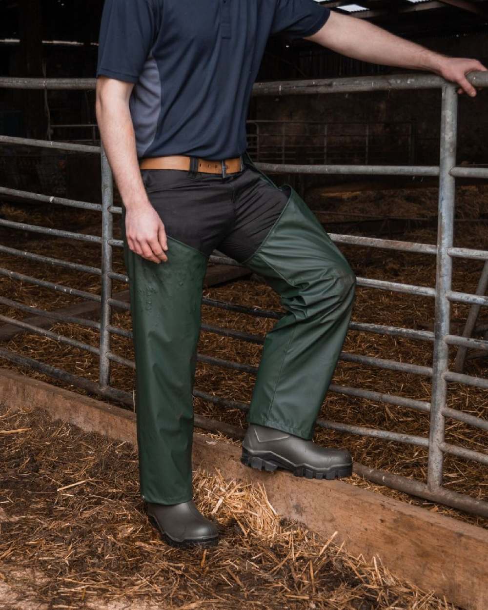 Green Coloured Xpert Swampmaster No-Sweat Stormgear Waterproof Split Leggings on Indoor Background