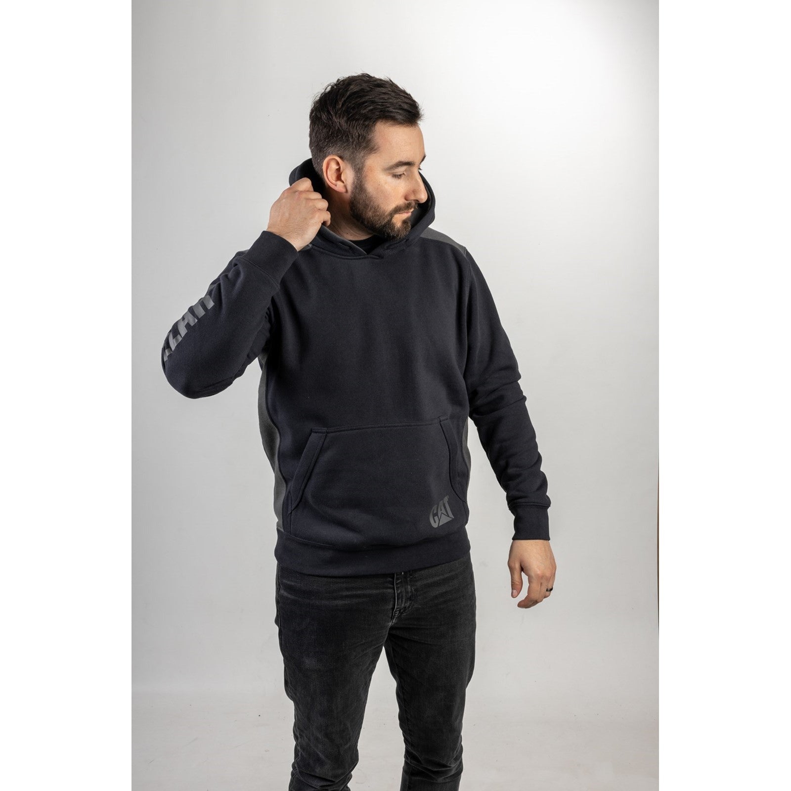 Caterpillar Logo Panel Hooded Sweatshirt in Navy