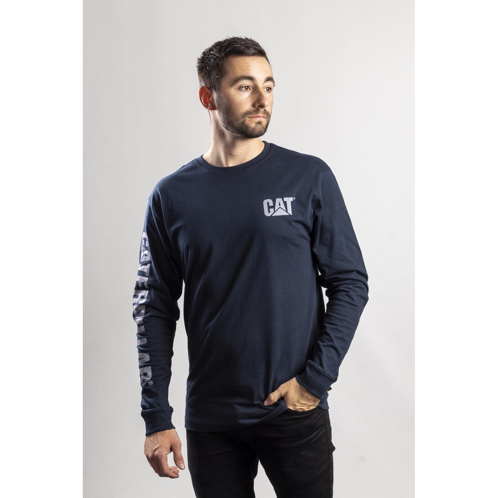 Caterpillar Trademark Banner Long Sleeve T Shirt in Dark Marine