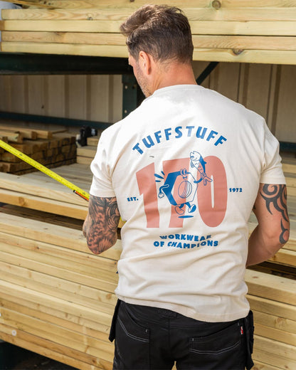 Male model wearing white coloured TuffStuff Icon T-Shirt with measuring tape in hand 