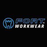 Fort Workwear. Blue castle turret, with blue Fort text and white Workwear text on black background.