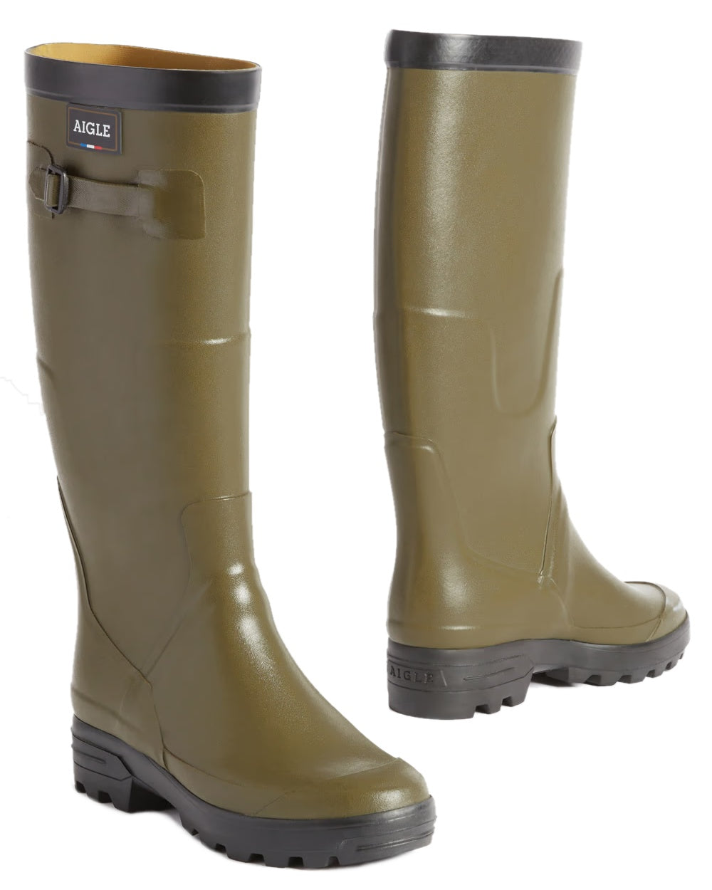 Khaki coloured Aigle Benyl XL Wellington Boots on white background 
