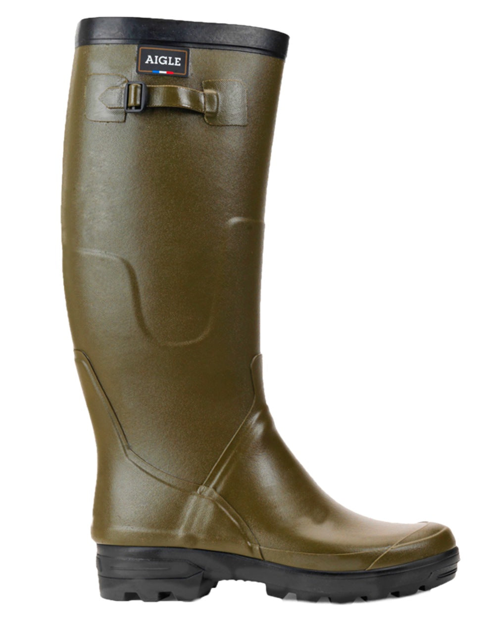 Khaki coloured Aigle Benyl XL Wellington Boots on white background 