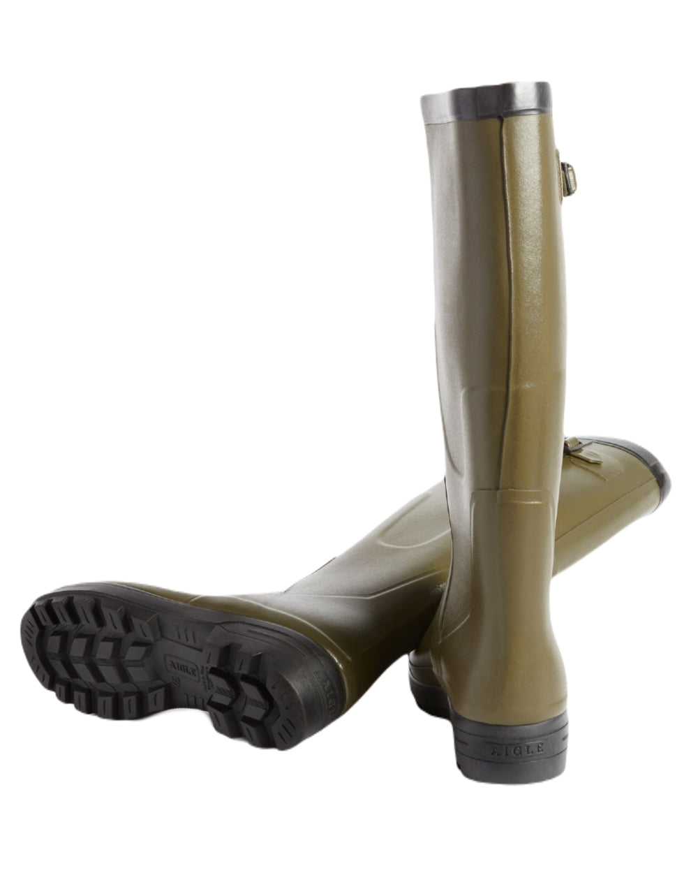 Khaki coloured Aigle Benyl XL Wellington Boots on white background 