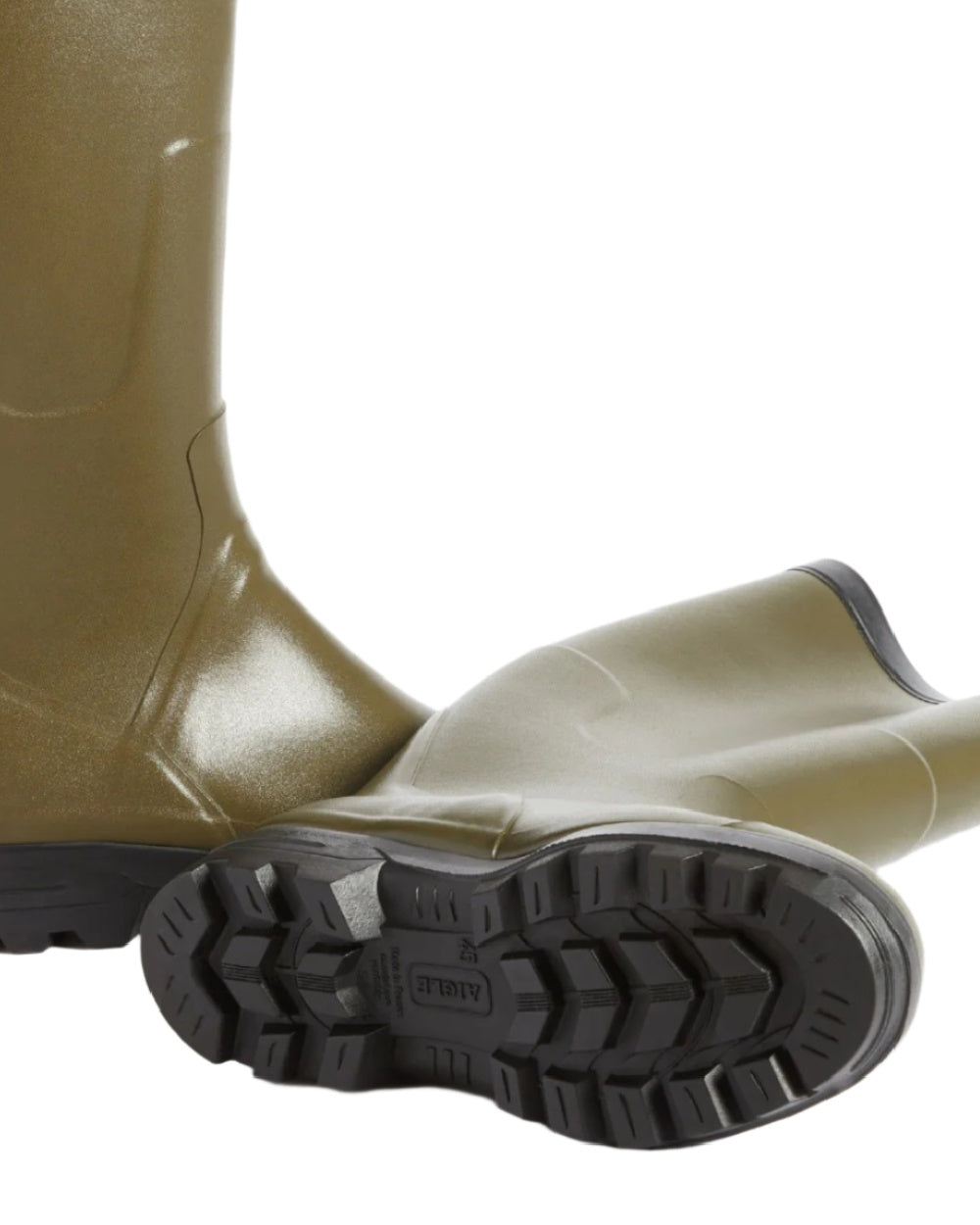 Khaki coloured Aigle Benyl XL Wellington Boots on white background 