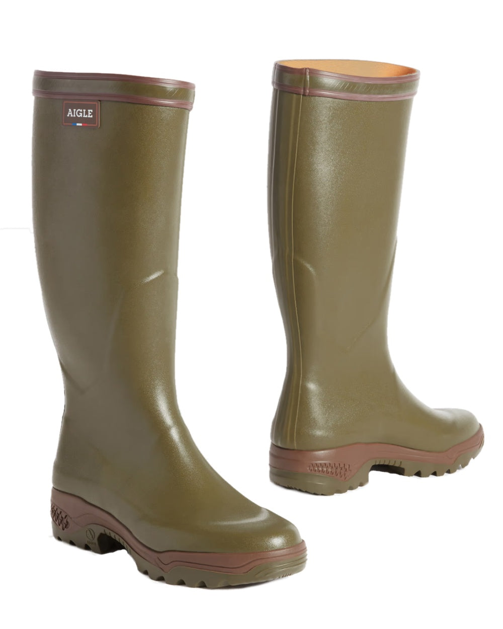 Kaki coloured Aigle Parcours 2 Wellington Boots on white background 