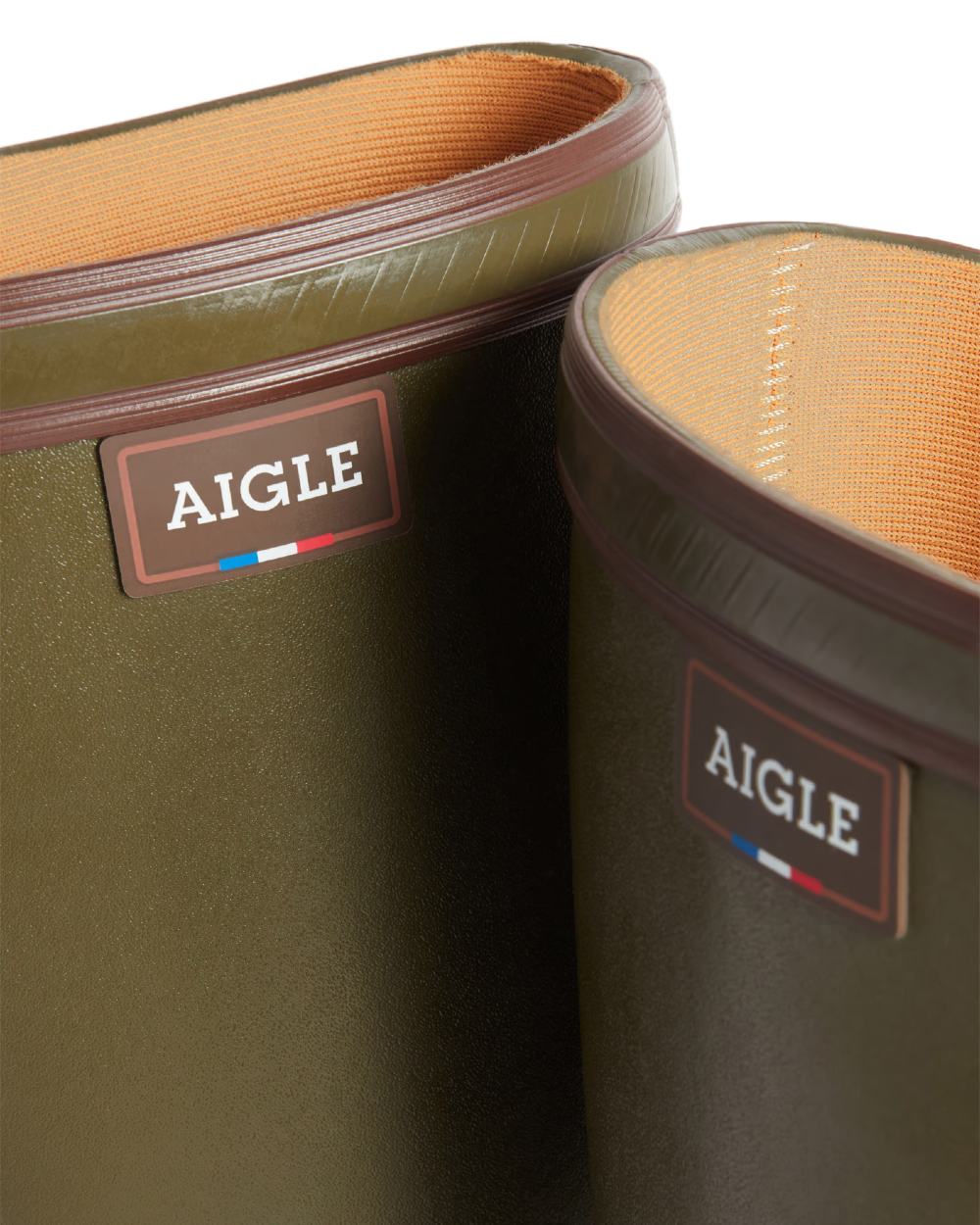 Kaki coloured Aigle Parcours 2 Wellington Boots on white background 