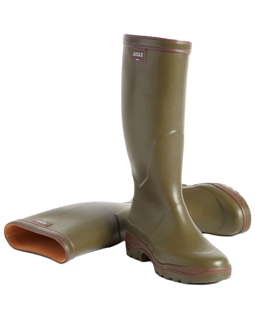 Kaki coloured Aigle Parcours 2 Wellington Boots on white background 