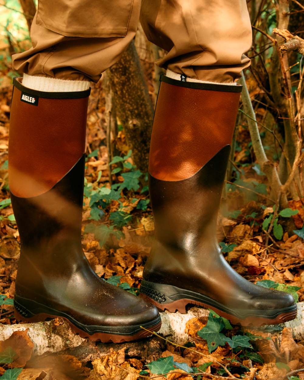 Brun coloured Aigle Womens Parcours 2 Wellingtons on forest background 