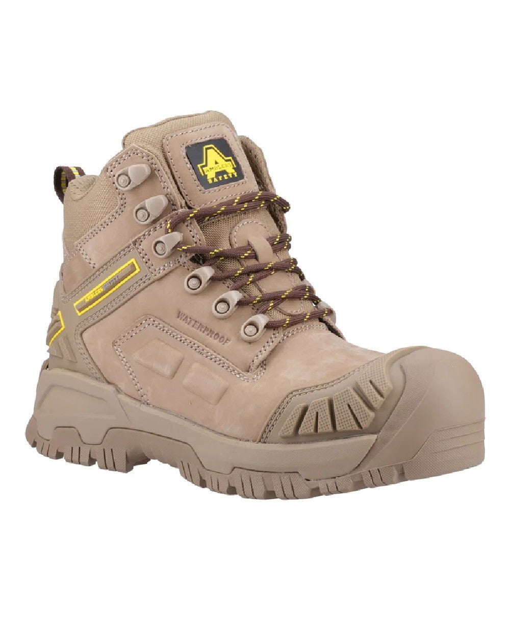 Stone coloured Amblers Safety AS965C Stone Safety Boots on white  background 