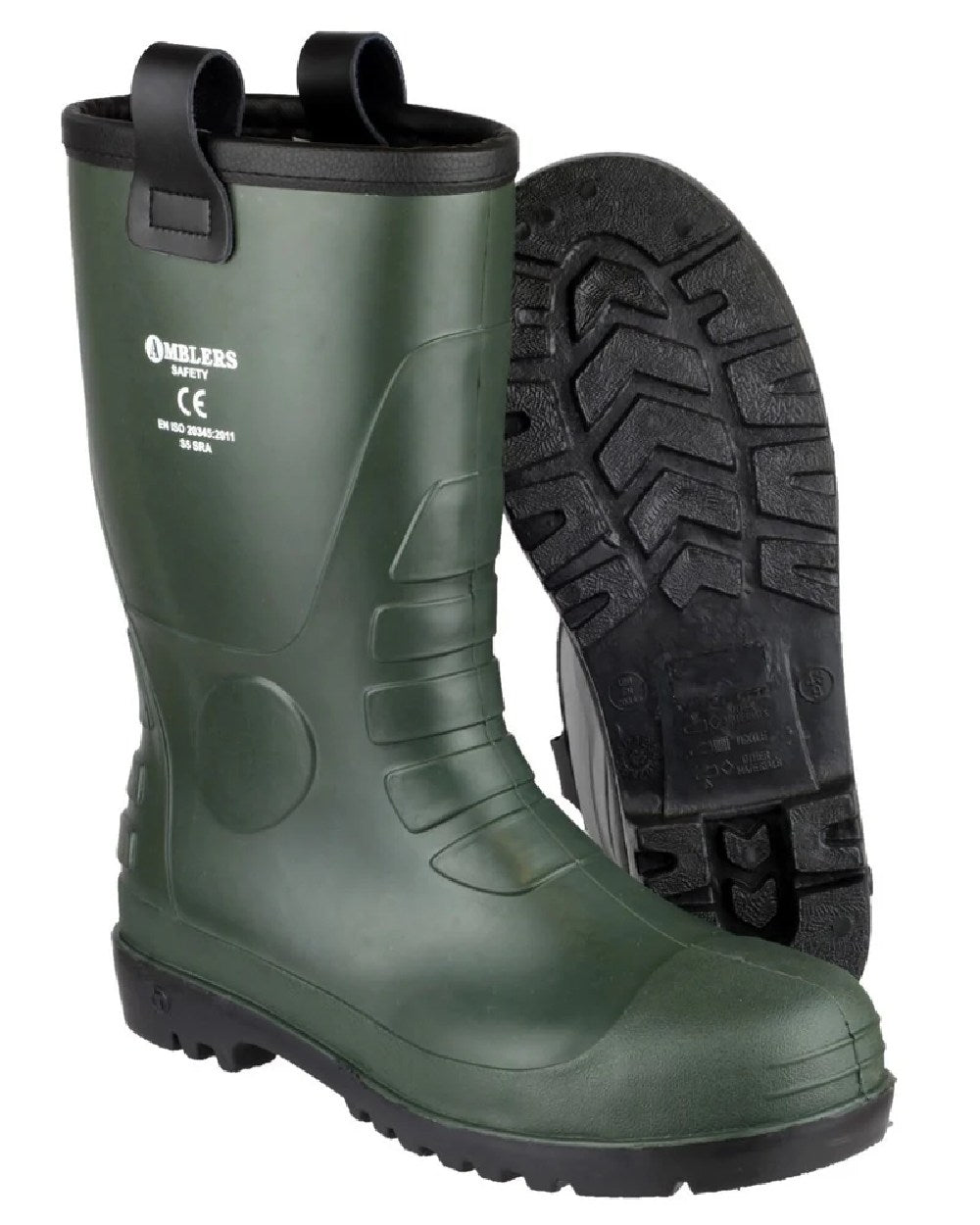 Green Coloured Amblers Safety FS97 S5 PVC Rigger Safety Boots on white background