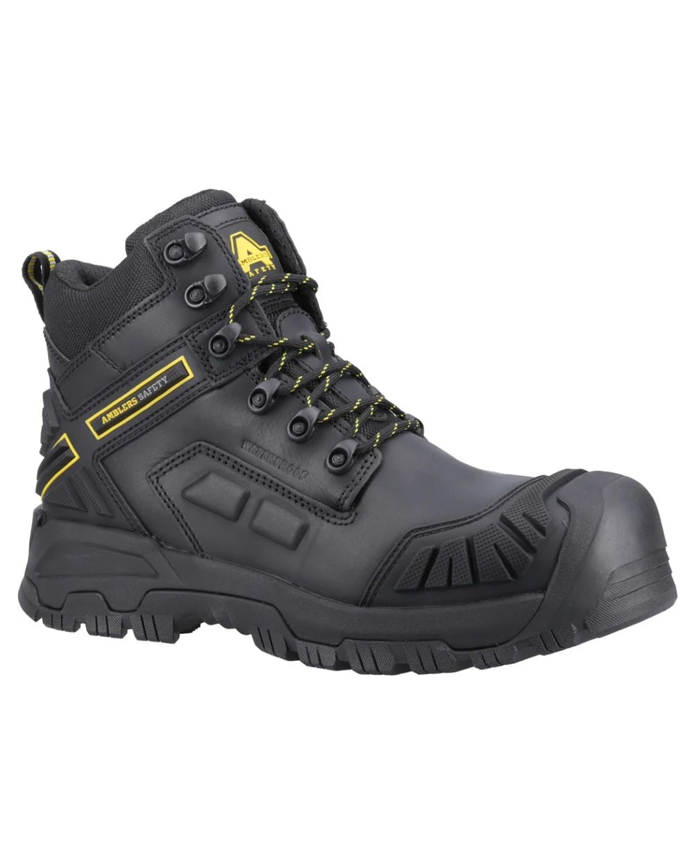 Black coloured Amblers Safety Mens AS962C Flare S7S SR Waterproof Safety Boots on white background
