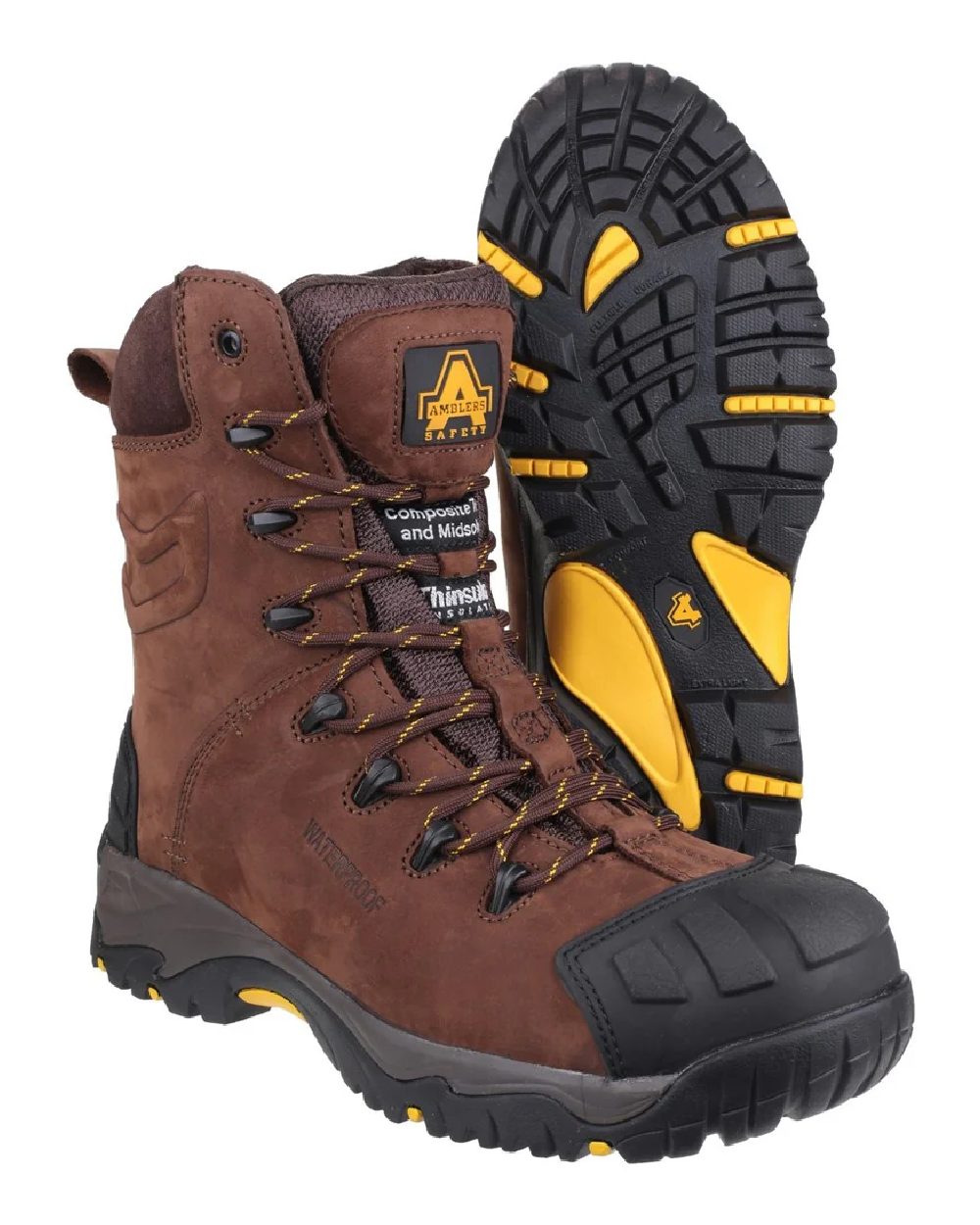 Brown Coloured Amblers Safety Mens AS995 Pillar S3 SRC Hi Leg Waterproof Safety Boots on white background 