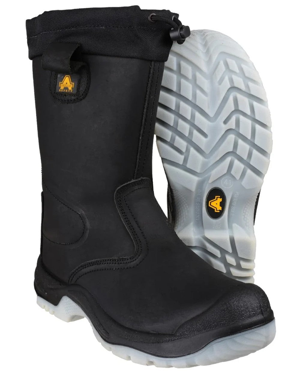 Black coloured Amblers Safety Mens FS209 Water Resistant S3 SRC Safety Rigger Boots on white background 